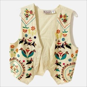 Vintage Bechamel Folk Art Embroidered Button Front Cotton Vest V-neck Multicolor